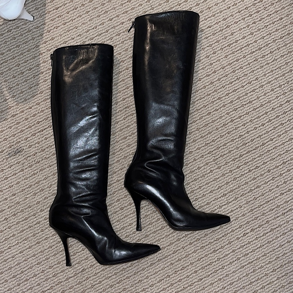 MANOLO BLAHNIK boots in black leather high heel with zipper Cream interior